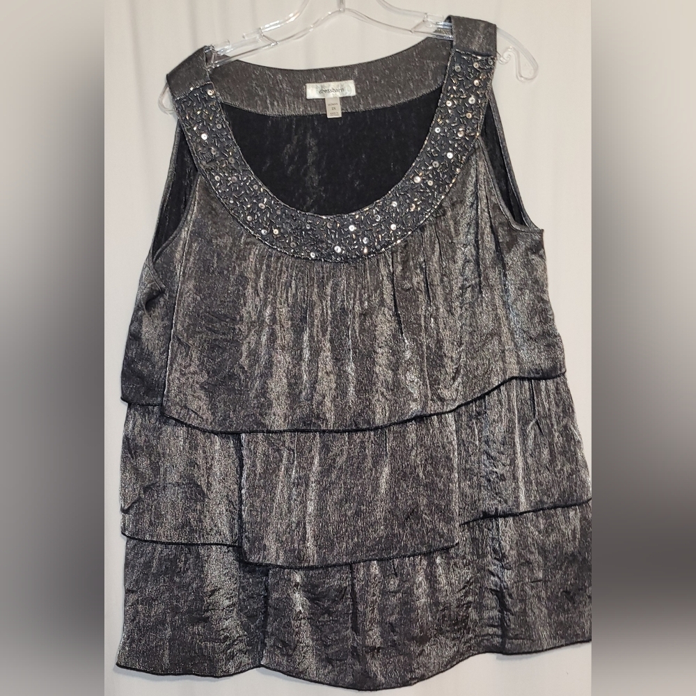 Dressbarn Beaded Tiered Metallic Scoop Neck Women's Top